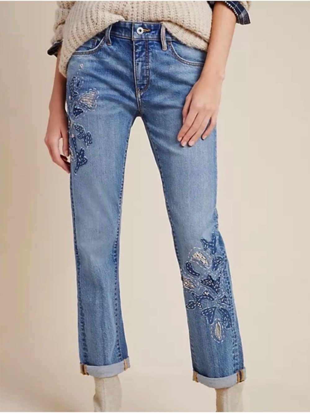 Pilcro Anthropologie Embroidered Patchwork Slim Boyfriend Blue Jeans Size 28